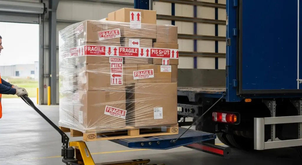 Palette avec autocollants "fragile" sortant d'un camion poids lourd, pour un transport objet fragile sécurisé