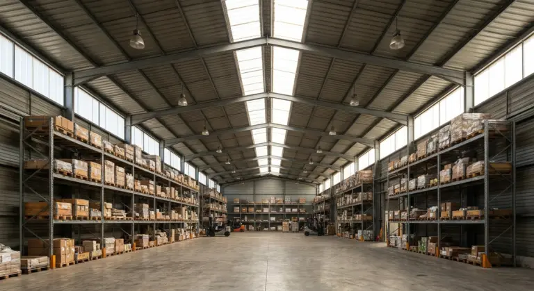 Entrepôt logistique avec rayonnages métalliques et palettes de marchandises stockées